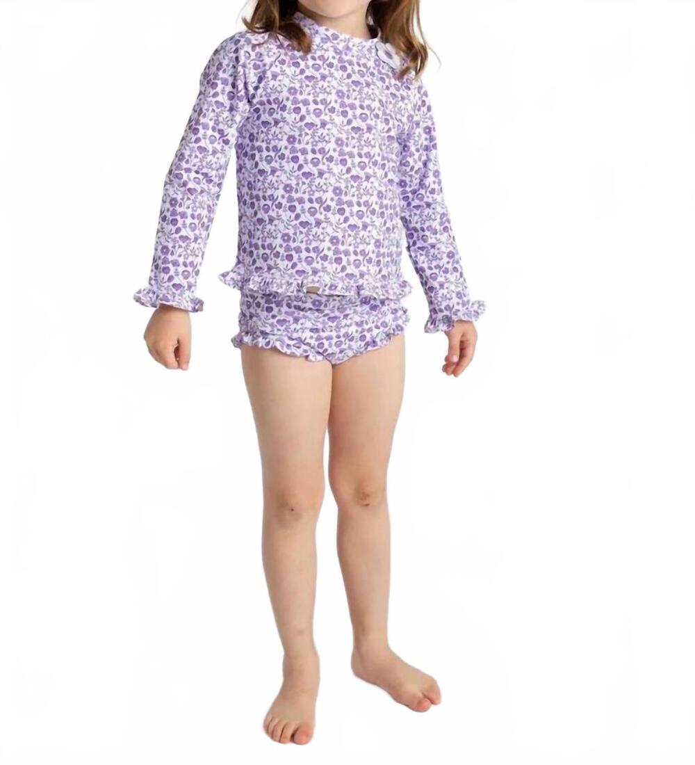 NEW FLORENCE EISEMAN girls floral print rashguard swimsuit with ruffle in purple